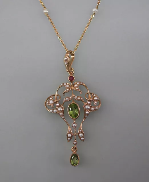 9906022-ds 925er Argent Rouge Doré Collier Style Art Nouveau Péridot Rubis Perle