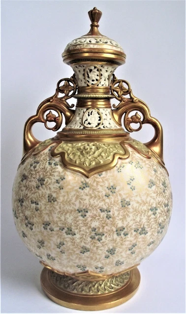 Royal Worcester 1887 Reticulated Gilt Gold Porcelain Vase Lid Antique Jar Urn