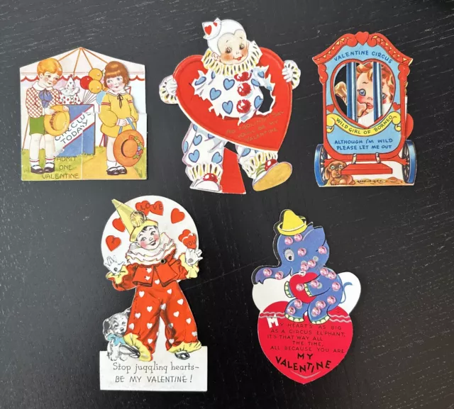 5 Vintage Circus Themed Valentine Card Lot Clowns Balloons Elephant Children