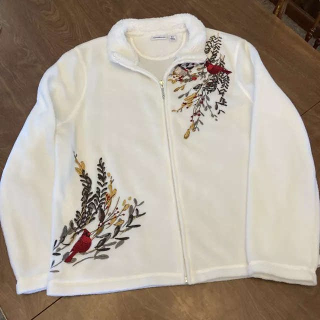 Croft & Barrow Size PMed Zip Fleece Embroidered Cardinal Bird Jacket White NICE!