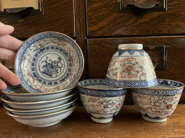 ANTIQUE 1930S CHINESE Porcelain Rice Grain Wine Cups TEA Bowls Dishes ...