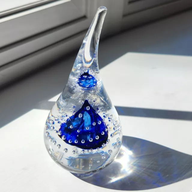 Crystal Paperweight Cobalt Blue Tear Drop Adam Jablonski Art Glass Poland Signed