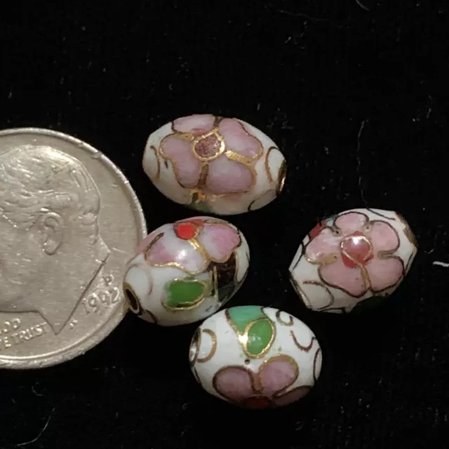 4 Vintage White Pink Flowers Leaves Cloisonne Chinese Enamel Oval Beads 9x7mm