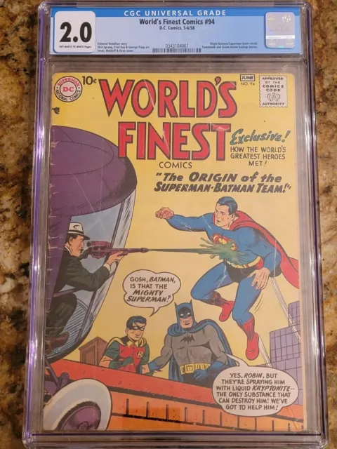 1958 D.C. Comics World's Finest 94 CGC 2.0. Batman Superman Origin Retold