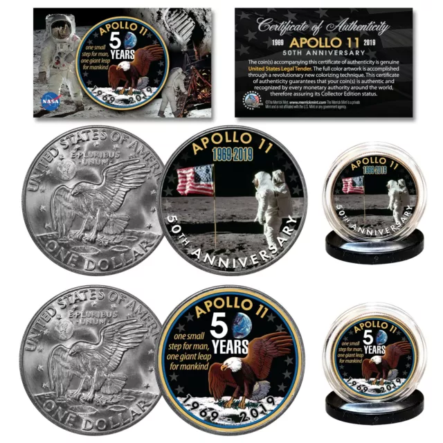 APOLLO 11 50th Anniversary Man on Moon Genuine Eisenhower Dollar NASA 2-Coin Set