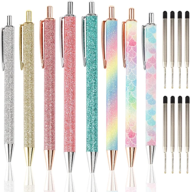 8pcs Ballpoint Pens Metal Retractable Pen, Black Ink Medium Point 1mm, Glitter