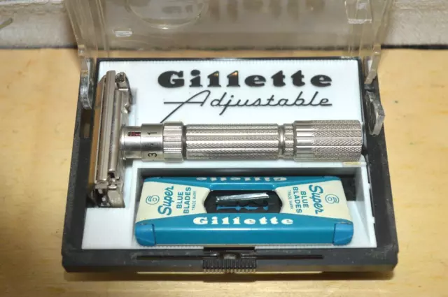 Vintage Gillette Adjustable Fat Boy Safety Razor Set With Case and Razors
