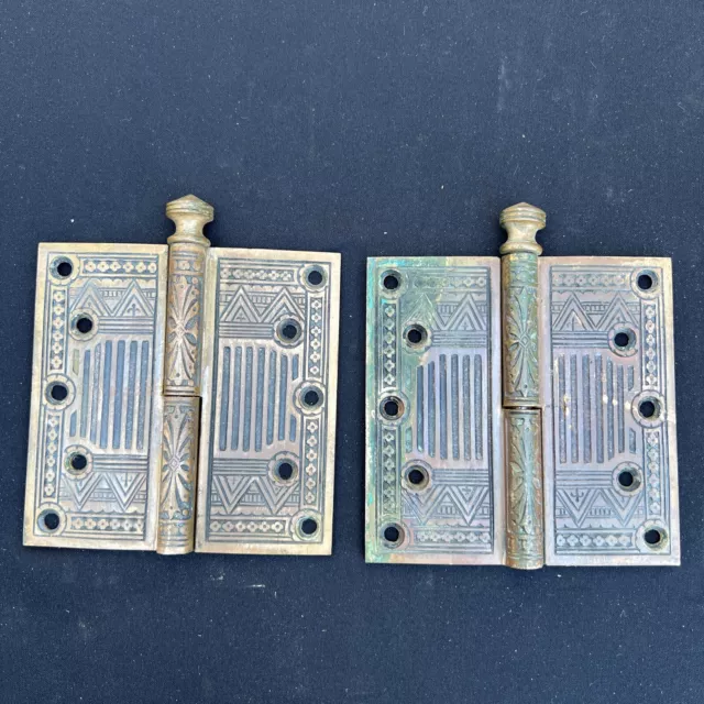 Antique Ornate Victorian Brass Door Hinge 5x5 1879 Set of 2