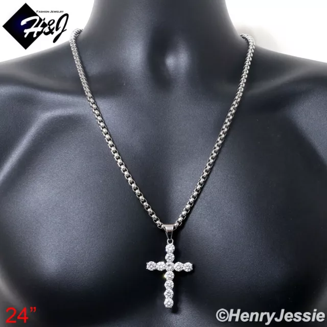 18"-40"MEN Stainless Steel 5mm Silver Box Link Chain ICY CZ Cross Pendant*IP138