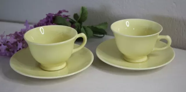 Vintage Pair Lu Ray Pastels Yellow Cup Saucer Sets USA Farmhouse Kitchen