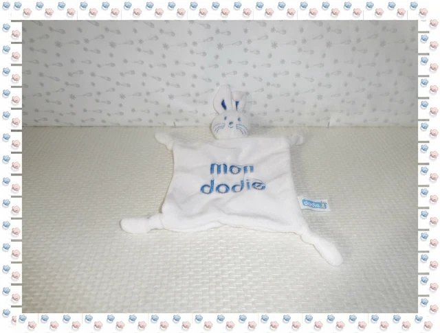 ❦ -  Doudou Plat Carré Lapin  Blanc Bleu Dodie