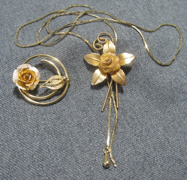 Vintage flower golden metal sliding chain necklace+ Sarah Coventry pin brooch /