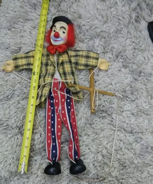 Vintage marionette puppet Clown wood carved hand made 19" tall