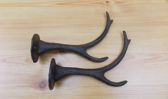 (2) Brown Rustic Cast Iron Deer Antler Design Wall Hook Coat Hat Towel Hook