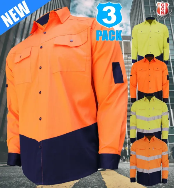 3x HI VIS Shirts LONG SLEEVE Mens Work wear SAFETY COTTON DRILL Vented