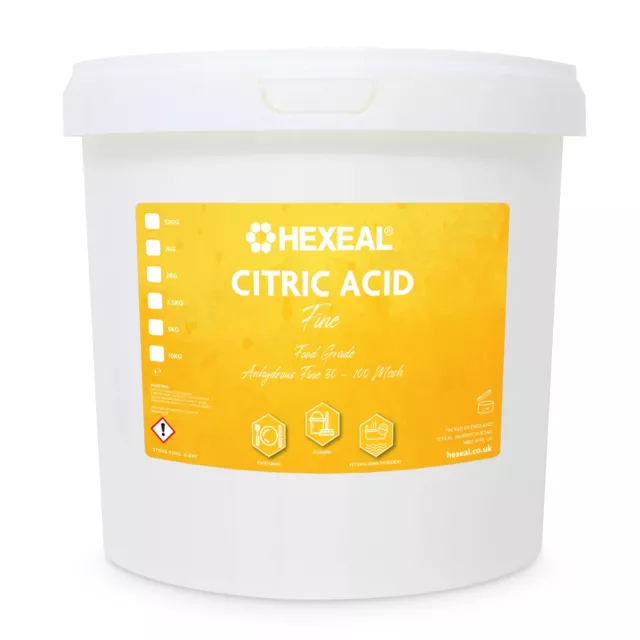 Hexeal CITRIC ACID | 5kg Bucket | 100% Anhydrous | Fine | GMO Free | Food Grade