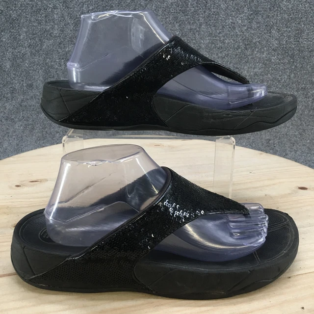 FitFlop Sandals Womens 10 Electra Sequin Casual Slip On Thong 034001 Black Wedge
