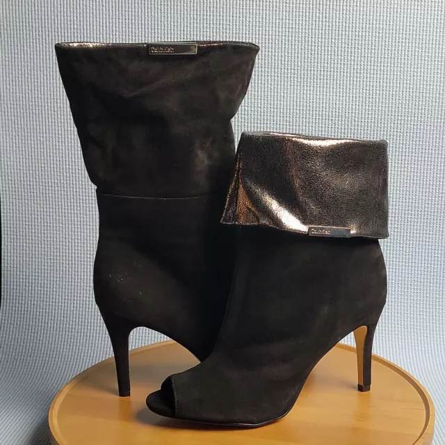 Calvin Klein Womens Kaiya Peep Toe Ankle Boots Size 8M Black W Silver Lining