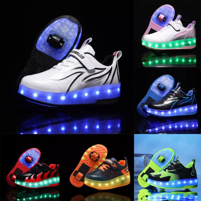 Boys Girls LED Wheel Trainers Kids Flash Roller Skates Shoes Skate Sneakers Size
