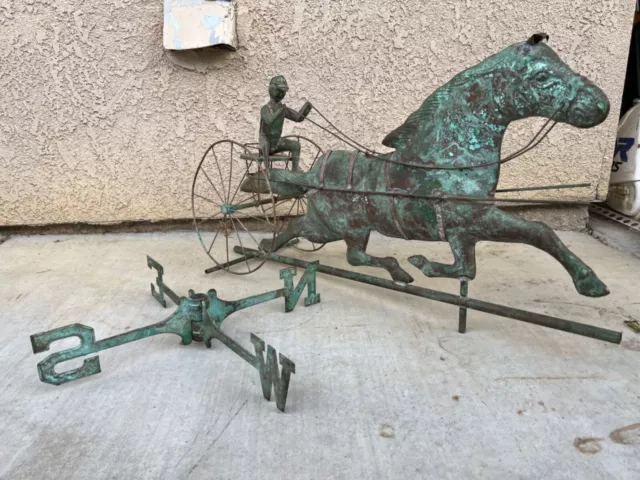 Early 1900s antique copper weathervane, horse carriage 