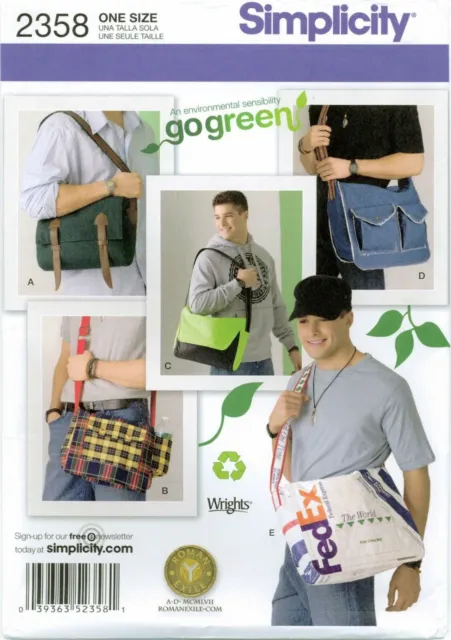 Simplicity 2358 Mens Messenger Bags Over Shoulder Go Green Sewing Pattern UNCUT
