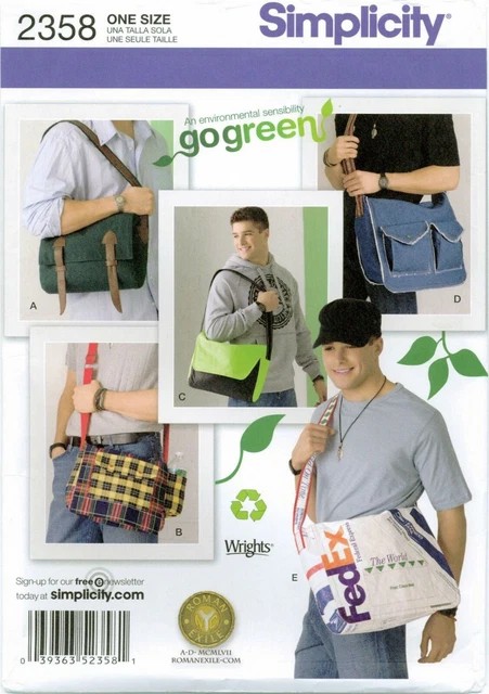 Simplicity 2358 Mens Messenger Bags Over Shoulder Go Green Sewing Pattern UNCUT