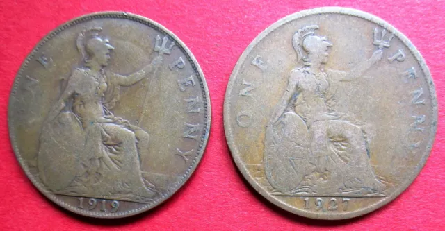 Great Britain Pair Of Scarce Odd Date King George V One Penny Coins 1919 & 1927