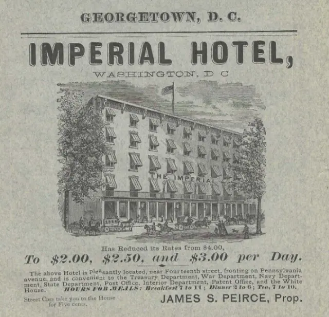 1880 Victorian Print Ad   Imperial Hotel Georgetown Washington DC