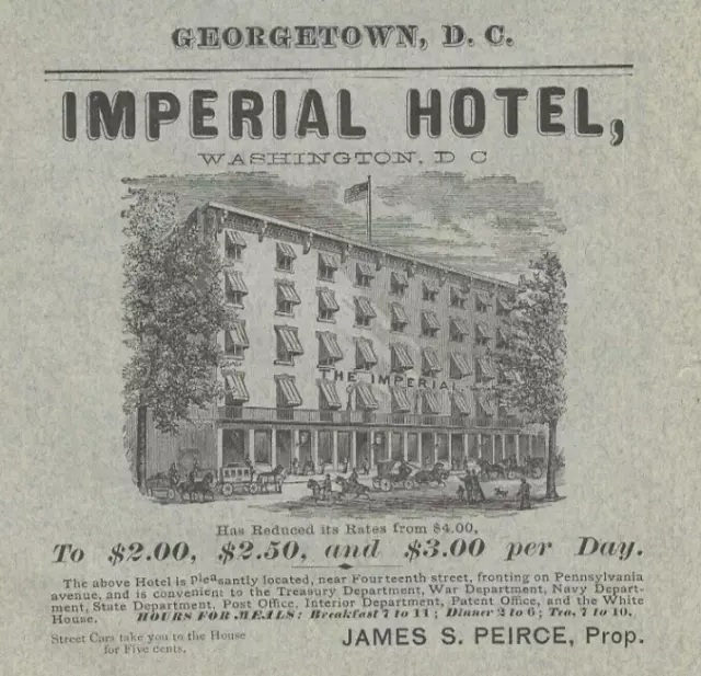 1880 Victorian Print Ad   Imperial Hotel Georgetown Washington DC
