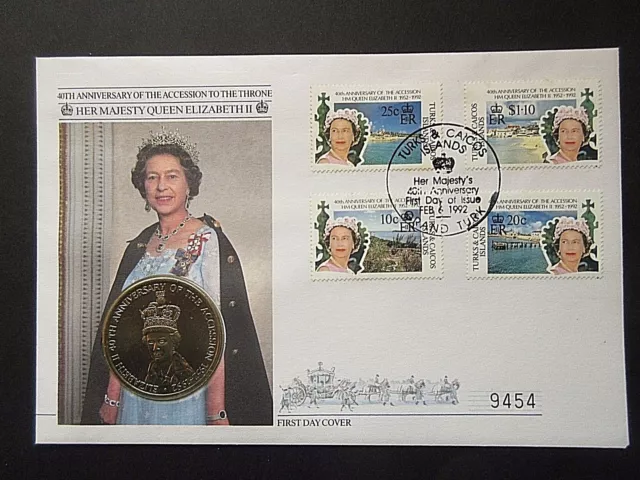 Turks & Caicos Is. QEII 40th Anniv of Accession to Throne Coin First Day Cover.
