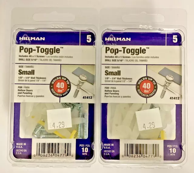 Hillman Pop Toggle Wall Anchors With Screws 1/8 " - 1/4 " 10 pcs/pack #41412