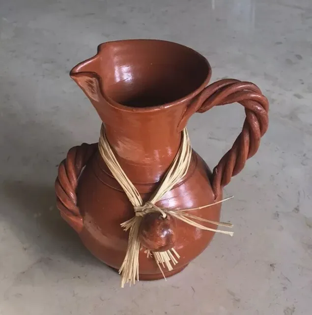 Vintage Art Pottery Pitcher Creamer Redware Clay Farmhouse Twist Handle Portugal