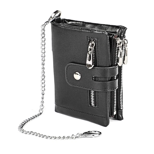 Mens Genuine Leather Wallet Biker Trucker Credit Card Holder Wallets with Chain