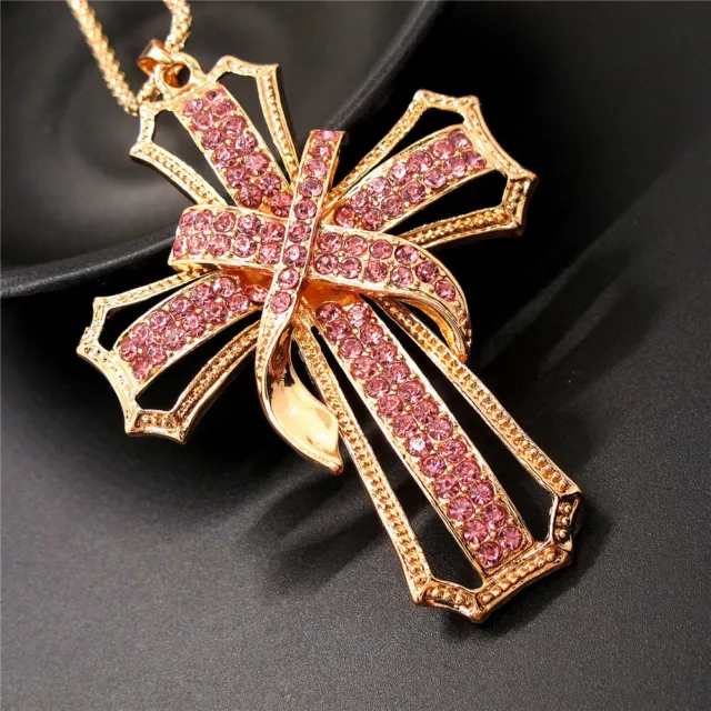 Fashion Women Pink Rhinestone Cross Bling Crystal Pendant Chain Necklace