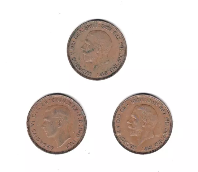 Lot of Three (3) UK Great Britain One Penny Coins 1935 1936 1937 Copper Cent