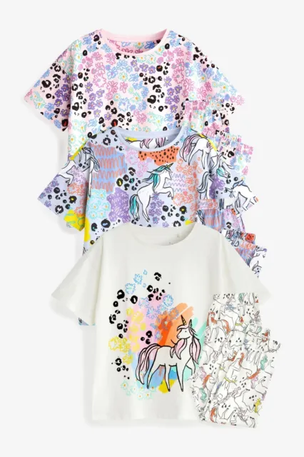 Next Girls 3 Pack Pyjamas Age 8 Years  Fun Unicorn / Floral Print Short Sleeve