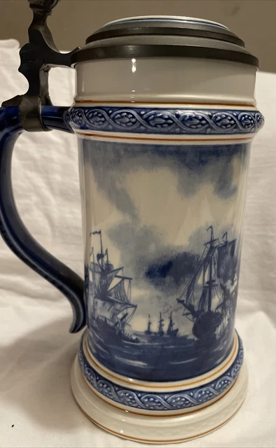 1981 Villeroy & Boch Blue White Ceramic Sailing Ship Stein Lord Nelson Lidded.