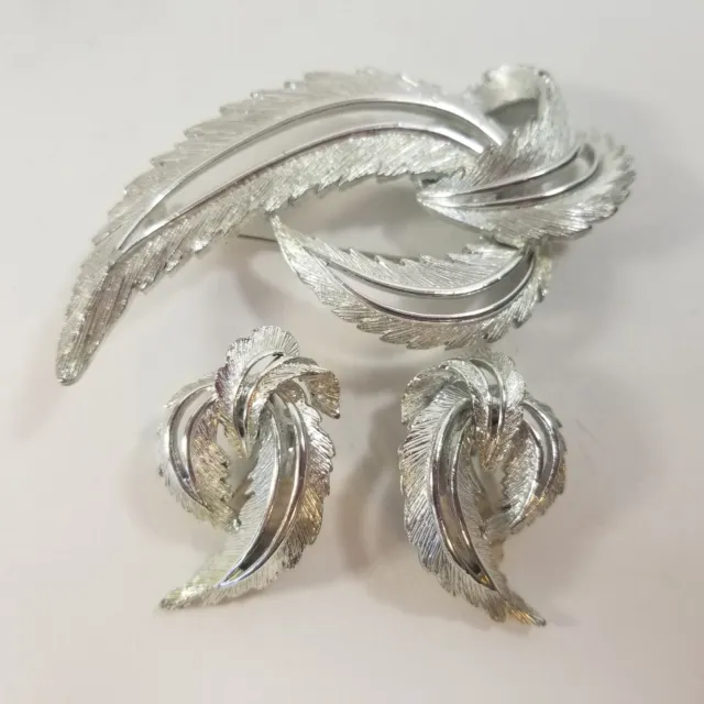 Silver Tone Sarah Cove Brooch & Earrings Set - Leaf Design