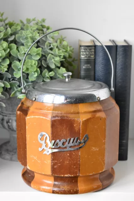 Vintage Wooden Biscuit Barrel / Ice Bucket with Ceramic Inlay Lid and Handle (O)