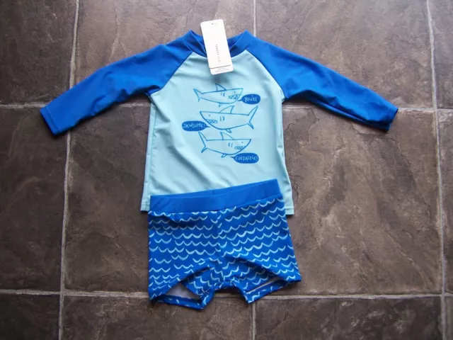 BNWT Baby Boy's Blue Sharks Long Sleeve Rashie Rash Vest & Swim Pants Set Size 0