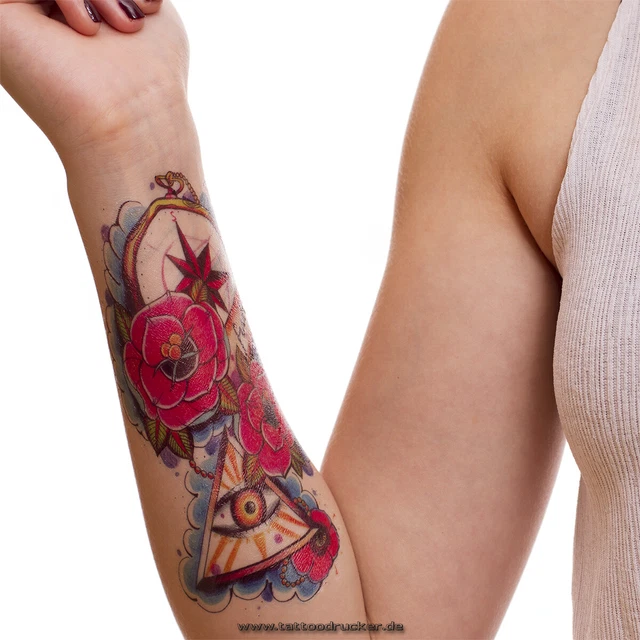 2 XL Temporäre Tattoos – Bunte Motive Mit Blumen, Kompass, Auge, Wasserfest, Für Arm, Bein, Rücken