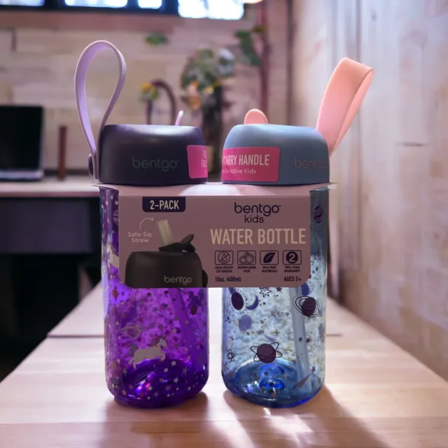 Bentgo Kids Water Bottle 2-Pack -  Leak-Proof Unicorn & Lavender Galaxy NWT