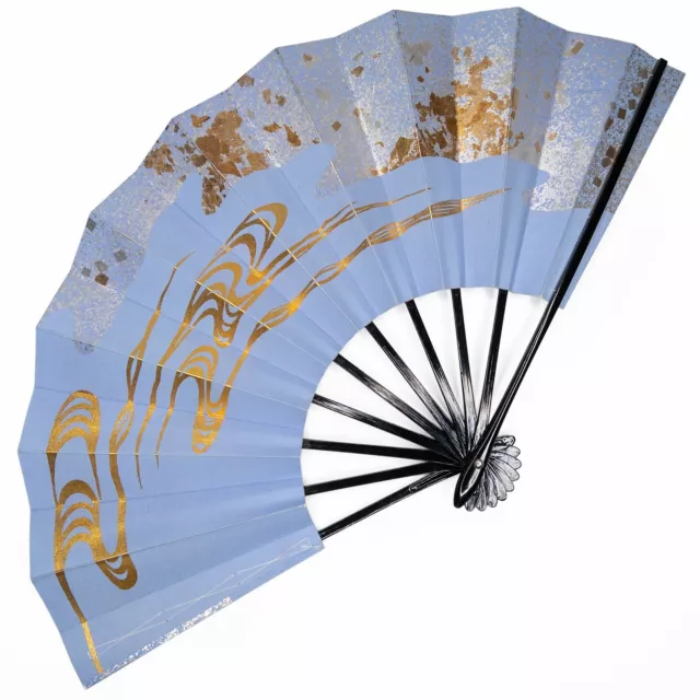 Vintage Japanese Kyoto Odori Maiogi Folding Blue Gold Swirl Dance Fan: RTMar23-J