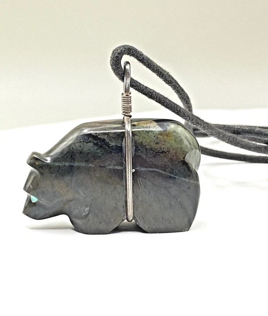 Bear Fetish Folk Carving Pendant Picasso Stone Native American Style with Cord