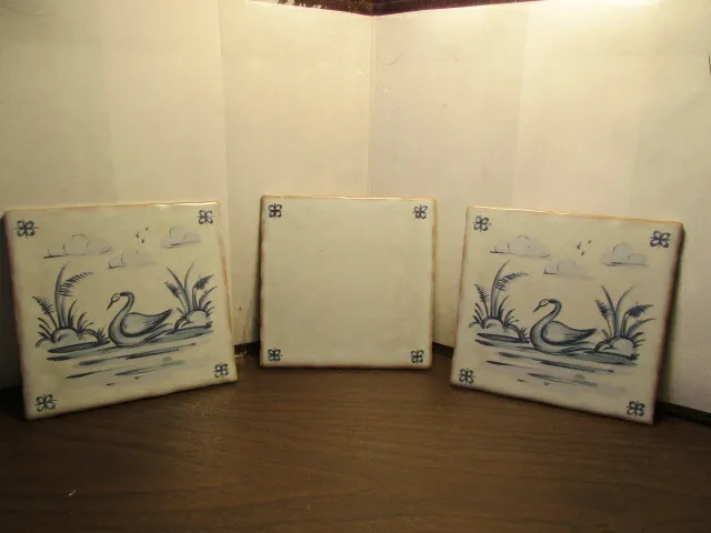 3 Blue & White Decorative Ceramic Tiles Made in Germany - Swan - Goose - 5 3/4"