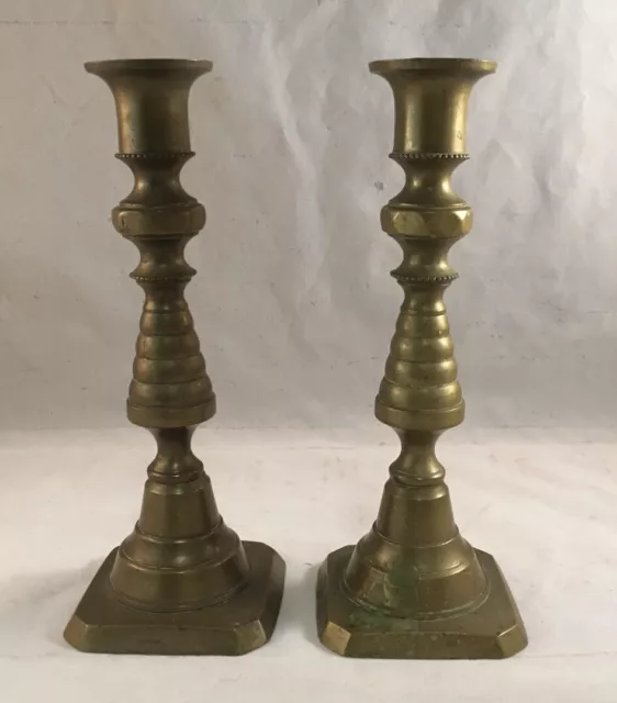 Antique Pair Of Marked English 19Th Century Brass Push-Up Candlesticks Beehive