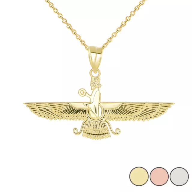 14K Solid Gold Persian God Faravahar Pendant Necklace - Yellow, Rose, or White