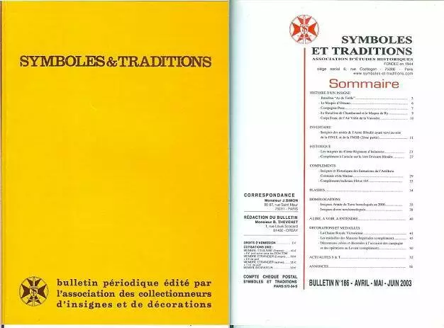 Documentation insignes et médailles - SYMBOLES ET TRADITIONS n° 186 2° trim 2003