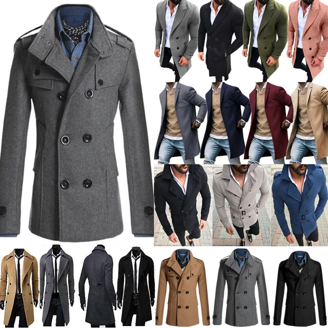 Mens Warm Woolen Trench Coat Double Breasted Overcoat Long Jacket Winter Outwear