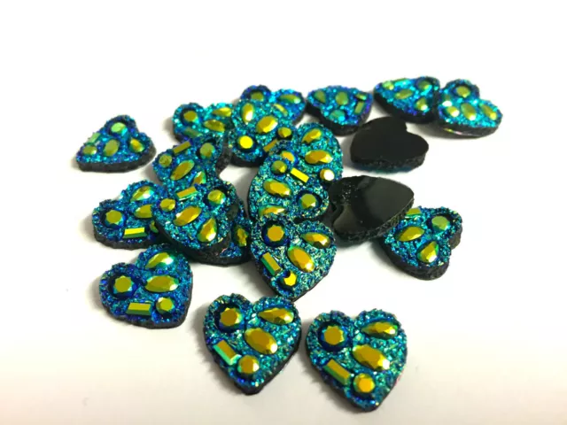 CraftBuddyUS 20  Stunning AB Turq Blue Hearts Resin Diamante Crystal 12mm x12mm